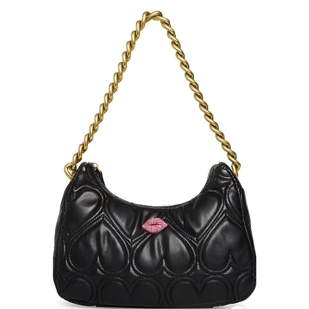 Betsey Johnson Black Heart Quilted Smooches Hobo Bag